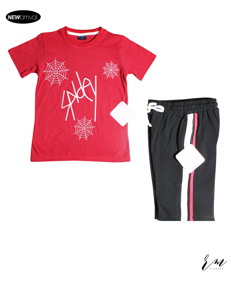 Boys red Spidy T-Shirt / Boys Black Striped Shorts