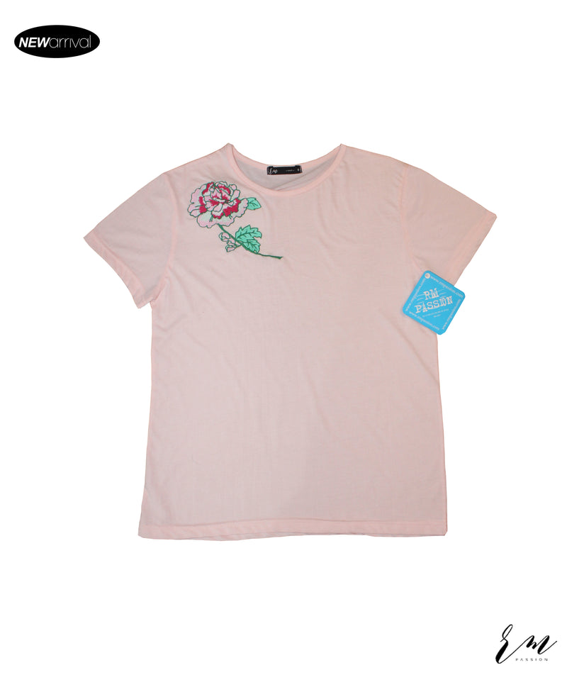Ladies Embroided T-Shirt (Flower Lt Pink)