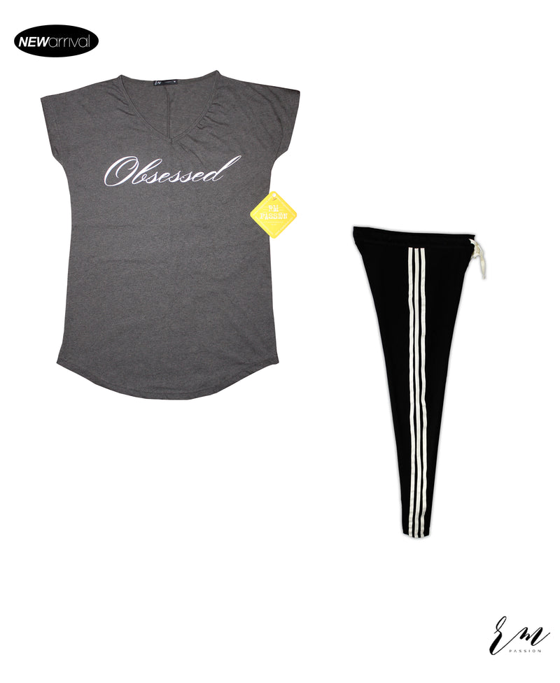 Ladies Loungewear (Obsessed Charcoal / Trouser ( White Stripe ) Black