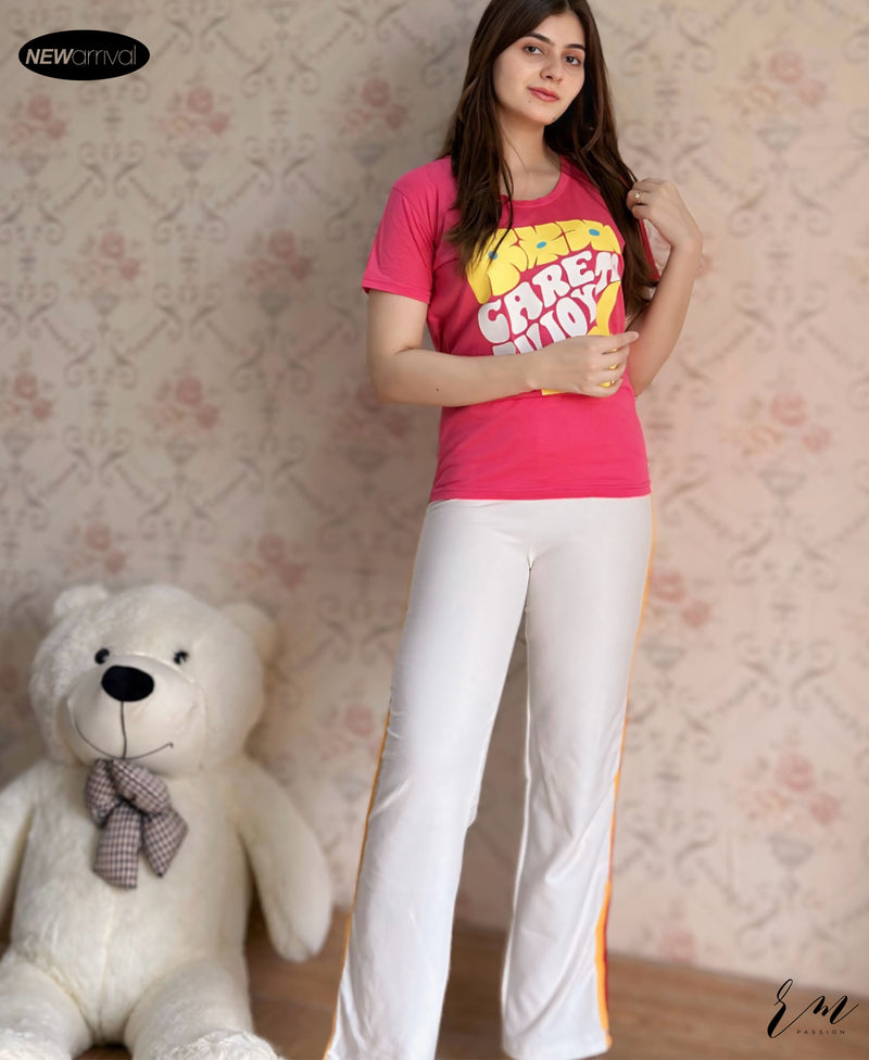 Ladies Loungewear (Care To) Pink /  Trouser ( Stripe ) White