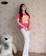 Ladies Loungewear (Care To) Pink /  Trouser ( Stripe ) White