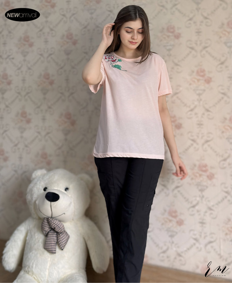 Ladies Pack Embroided T-Shirt (Flower Lt Pink) / ( Trouser ) Black