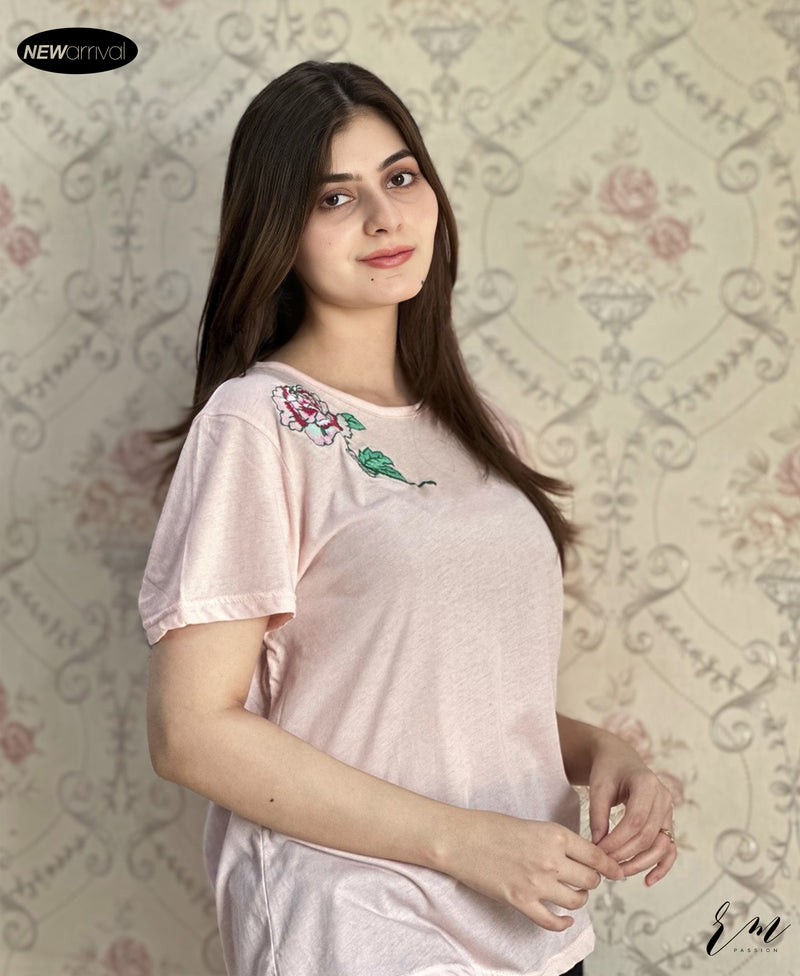 Ladies Embroided T-Shirt (Flower Lt Pink)