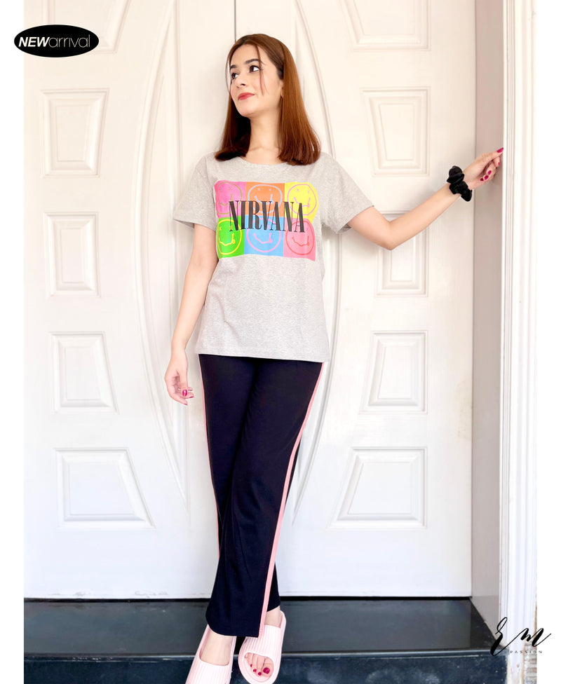 LadiesLoungewear (Nirvana Grey /  Trouser ( Pink Stripe ) Black