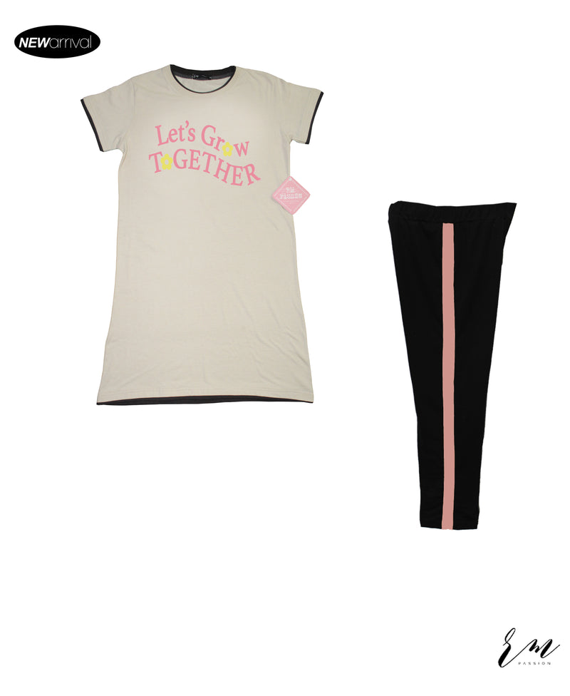 Ladies pack Long top ( Lets Grow Beige) Pink Stripe Trouser ( Black )