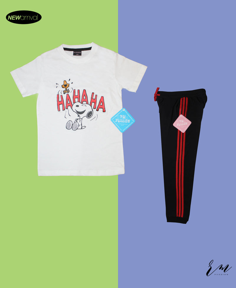 Boys Pack (White HaHaHA / Black (Red) Stripe trouser )