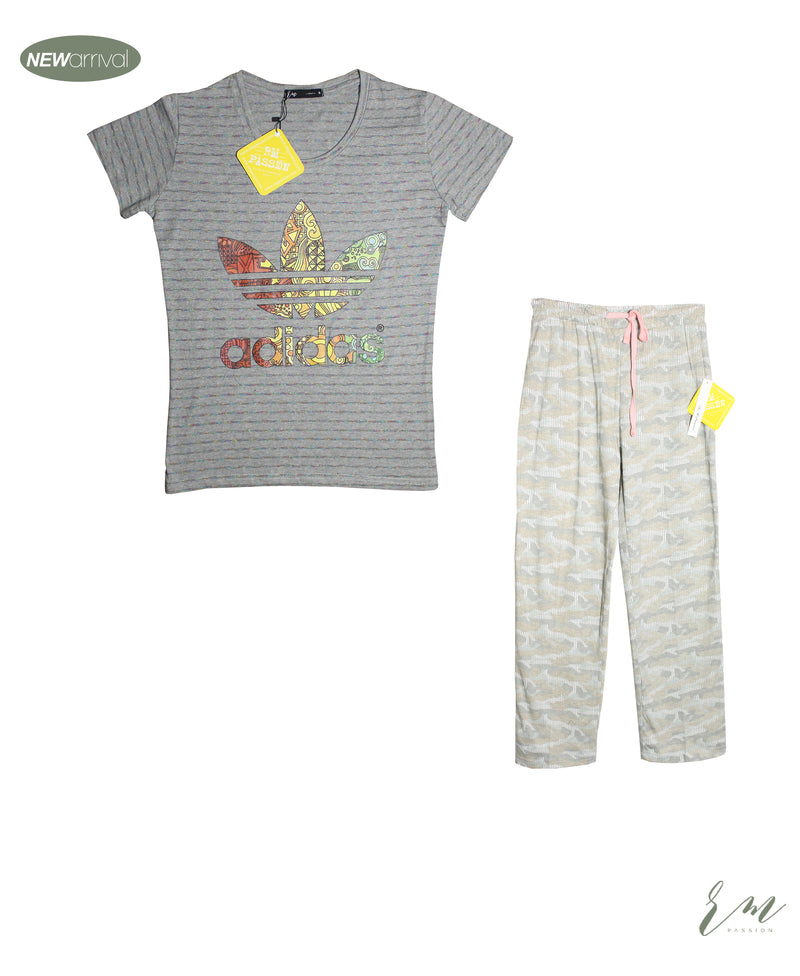 Ladies Loungewear (Ladies top (Adidas Grey) /  Flower Printed trouser (Grey)