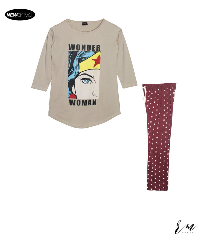 Ladies Lounge wear Wonder Woman (Beige) Star Trouser (Burgundy)